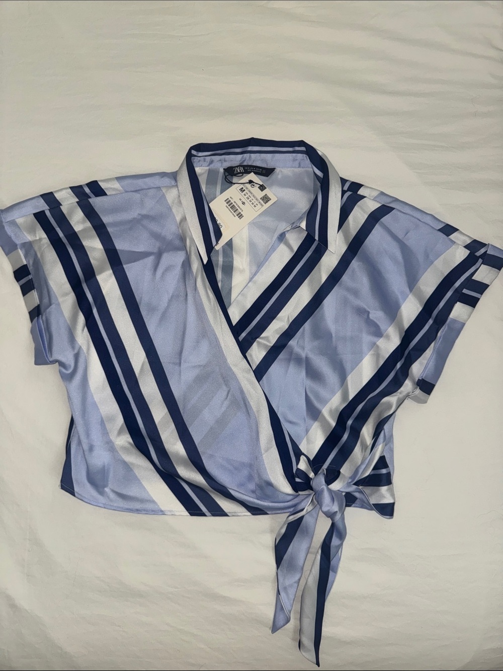 Zara Blue and Navy Striped Tie-Waist Blouse